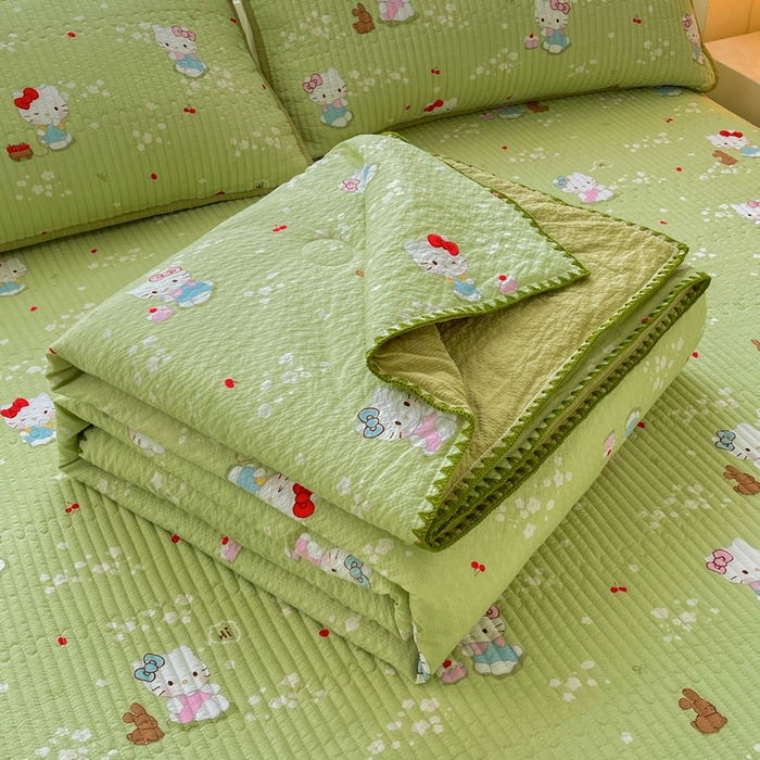 91家纺网 家纺一手货源 找家纺 梵朴 2026新款A类泡芙双层纱贝壳边床盖夏被四件套三角针夏凉被空调被 泡芙KT-绿