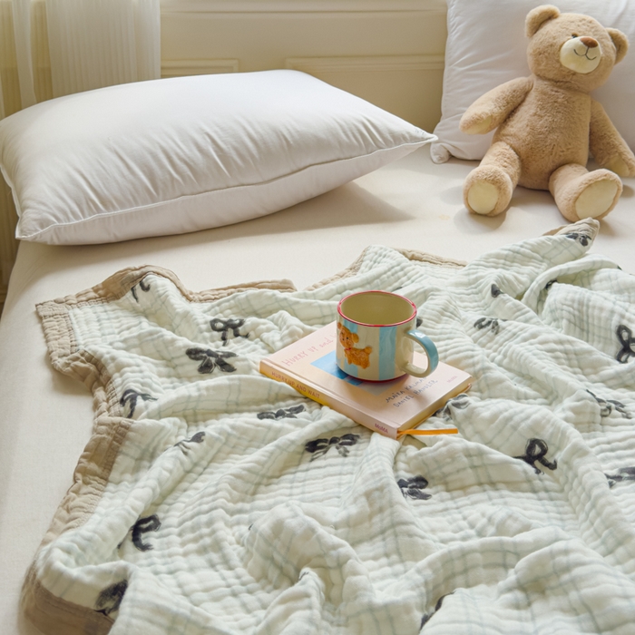 91家纺网 家纺一手货源 找家纺 乐家毛巾被（工厂自产自销） 2026新款全棉纯棉六层一体超柔泡泡纱多功能毯 蝴蝶结