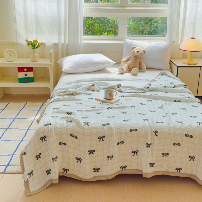 91家纺网 家纺一手货源 找家纺 乐家毛巾被（工厂自产自销） 2026新款全棉纯棉六层一体超柔泡泡纱多功能毯 蝴蝶结