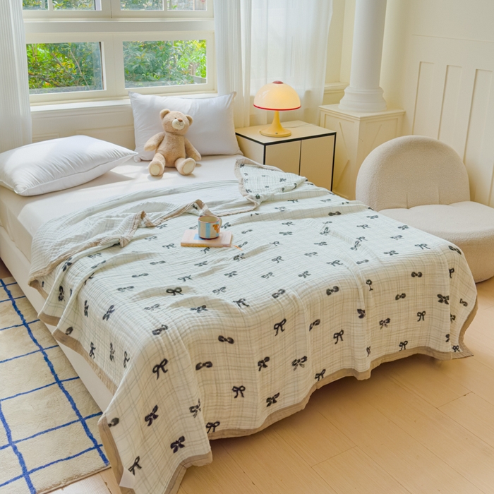 91家纺网 家纺一手货源 找家纺 乐家毛巾被（工厂自产自销） 2026新款全棉纯棉六层一体超柔泡泡纱多功能毯 蝴蝶结