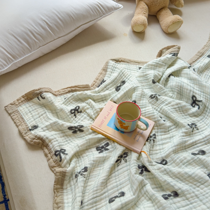 91家纺网 家纺一手货源 找家纺 乐家毛巾被（工厂自产自销） 2026新款全棉纯棉六层一体超柔泡泡纱多功能毯 蝴蝶结