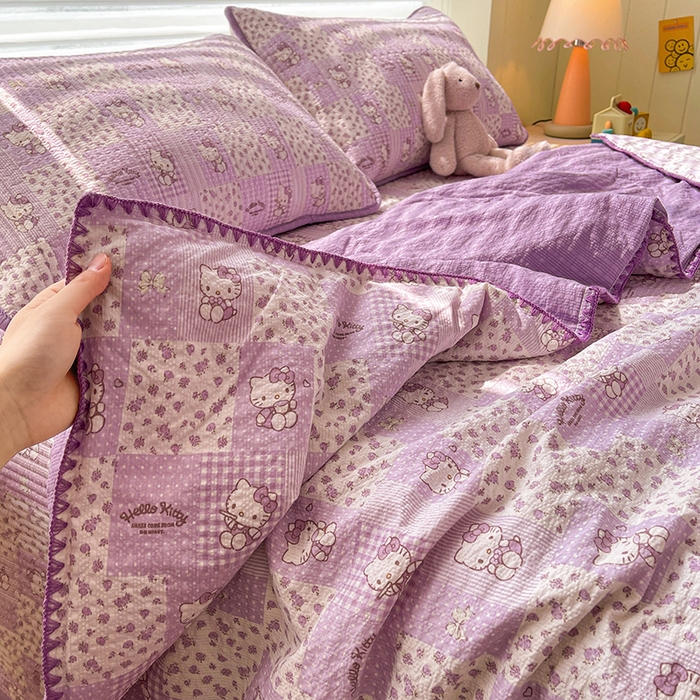 91家纺网 家纺一手货源 找家纺 梵朴 2026新款A类泡芙双层纱贝壳边床盖夏被四件套三角针夏凉被空调被 泡芙KT-紫