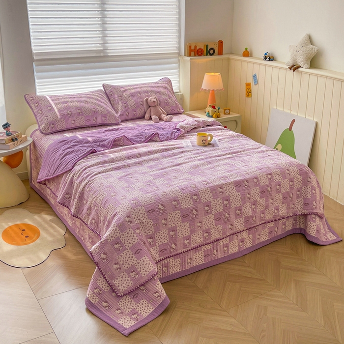 91家纺网 家纺一手货源 找家纺 梵朴 2026新款A类泡芙双层纱贝壳边床盖夏被四件套三角针夏凉被空调被 泡芙KT-紫