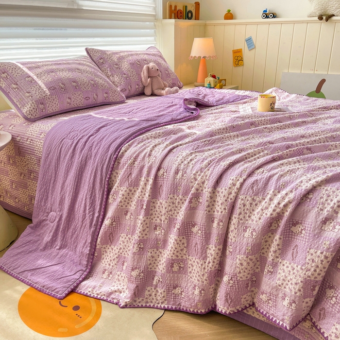 91家纺网 家纺一手货源 找家纺 梵朴 2026新款A类泡芙双层纱贝壳边床盖夏被四件套三角针夏凉被空调被 泡芙KT-紫