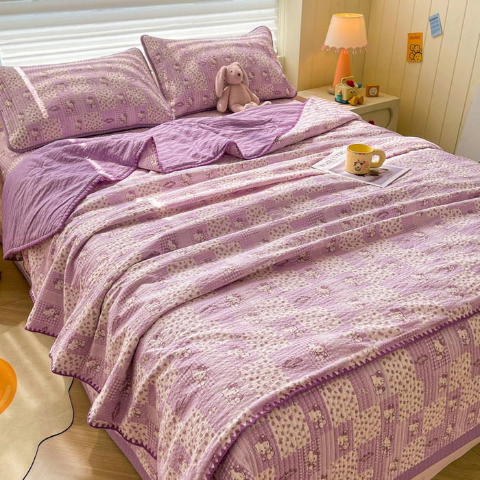 91家纺网 家纺一手货源 找家纺 梵朴 2026新款A类泡芙双层纱贝壳边床盖夏被四件套三角针夏凉被空调被 泡芙KT-紫