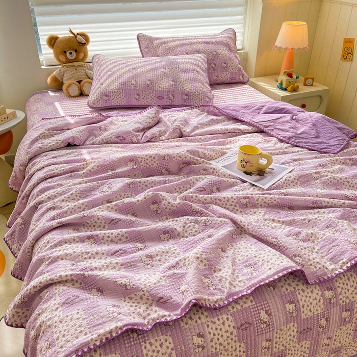 91家纺网 家纺一手货源 找家纺 梵朴 2026新款A类泡芙双层纱贝壳边床盖夏被四件套三角针夏凉被空调被 泡芙KT-紫