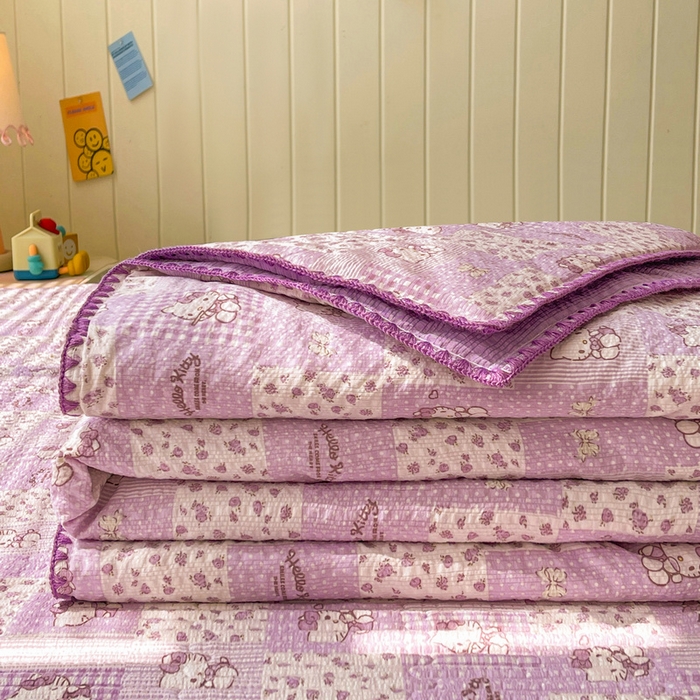 91家纺网 家纺一手货源 找家纺 梵朴 2026新款A类泡芙双层纱贝壳边床盖夏被四件套三角针夏凉被空调被 泡芙KT-紫