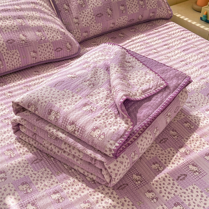 91家纺网 家纺一手货源 找家纺 梵朴 2026新款A类泡芙双层纱贝壳边床盖夏被四件套三角针夏凉被空调被 泡芙KT-紫