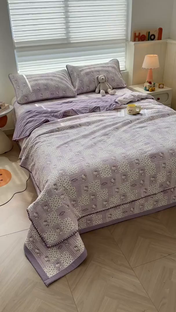 91家纺网 家纺一手货源 找家纺 梵朴 2026新款A类泡芙双层纱贝壳边床盖夏被四件套三角针夏凉被空调被 泡芙KT-紫
