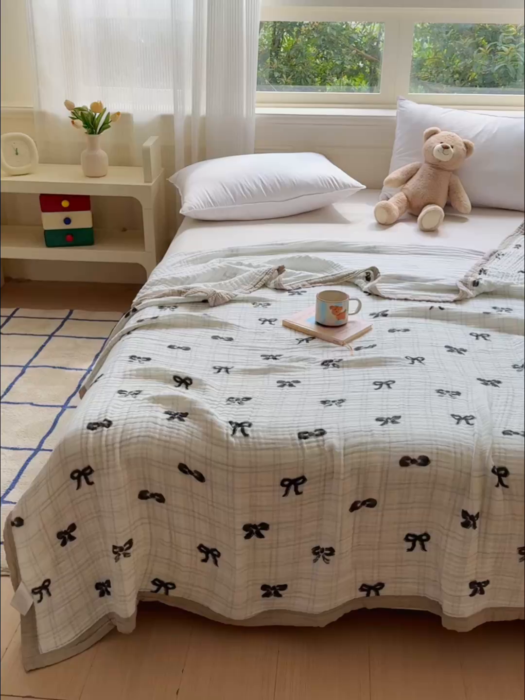 91家纺网 家纺一手货源 找家纺 乐家毛巾被（工厂自产自销） 2026新款全棉纯棉六层一体超柔泡泡纱多功能毯 蝴蝶结