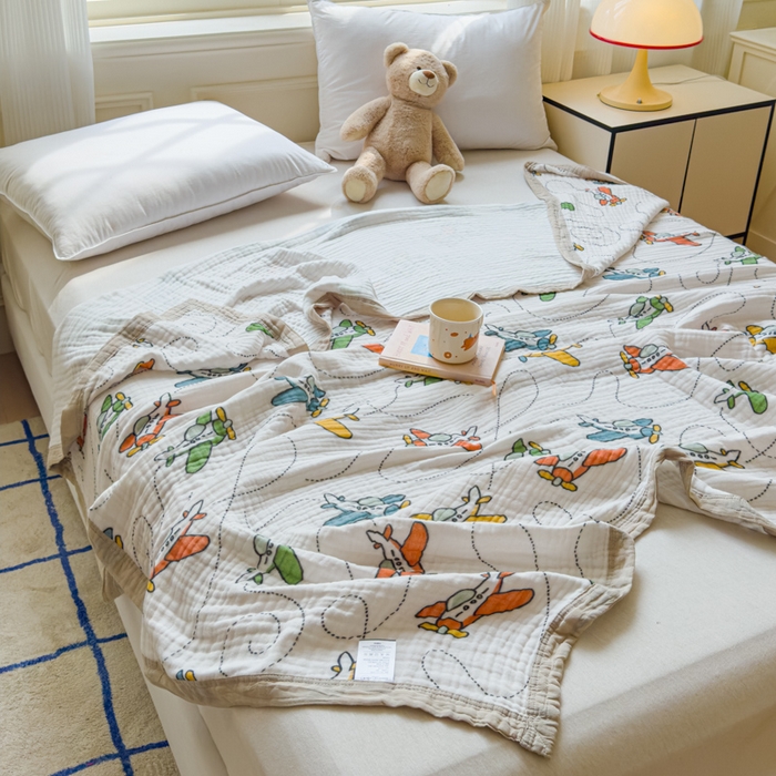 乐家毛巾被（工厂自产自销） 2026新款全棉纯棉六层一体超柔泡泡纱多功能毯 卡通飞机