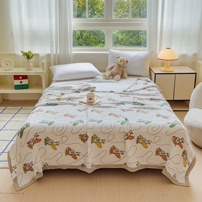 91家纺网 家纺一手货源 找家纺 乐家毛巾被（工厂自产自销） 2026新款全棉纯棉六层一体超柔泡泡纱多功能毯 卡通飞机