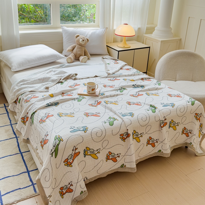 91家纺网 家纺一手货源 找家纺 乐家毛巾被（工厂自产自销） 2026新款全棉纯棉六层一体超柔泡泡纱多功能毯 卡通飞机