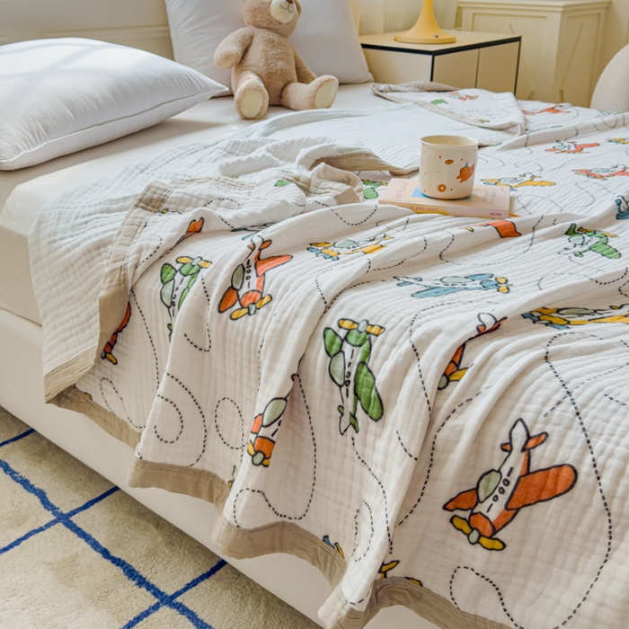 91家纺网 家纺一手货源 找家纺 乐家毛巾被（工厂自产自销） 2026新款全棉纯棉六层一体超柔泡泡纱多功能毯 卡通飞机