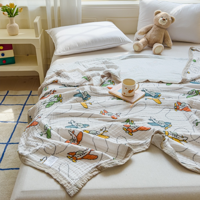 91家纺网 家纺一手货源 找家纺 乐家毛巾被（工厂自产自销） 2026新款全棉纯棉六层一体超柔泡泡纱多功能毯 卡通飞机