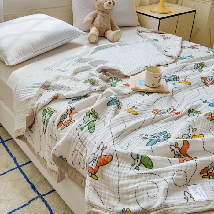 91家纺网 家纺一手货源 找家纺 乐家毛巾被（工厂自产自销） 2026新款全棉纯棉六层一体超柔泡泡纱多功能毯 卡通飞机