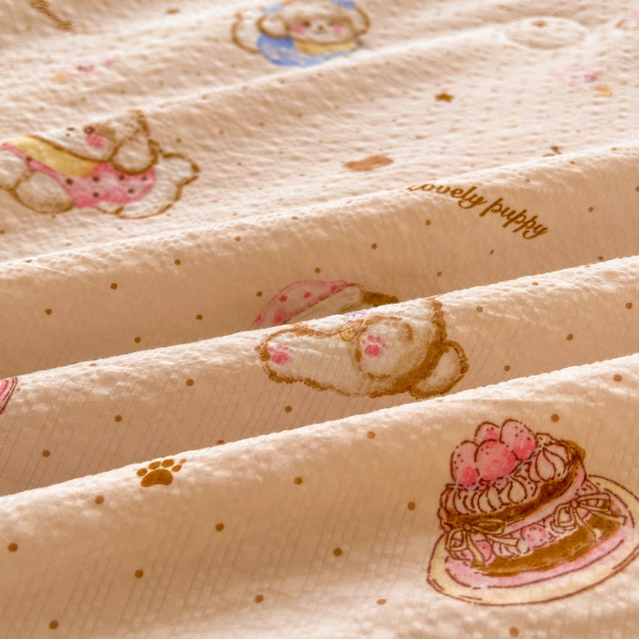 91家纺网 家纺一手货源 找家纺 梵朴 2026新款A类泡芙双层纱贝壳边床盖夏被四件套三角针夏凉被空调被 甜品萌狗