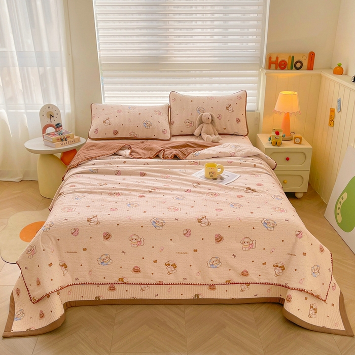 91家纺网 家纺一手货源 找家纺 梵朴 2026新款A类泡芙双层纱贝壳边床盖夏被四件套三角针夏凉被空调被 甜品萌狗