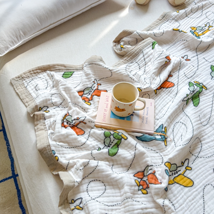 91家纺网 家纺一手货源 找家纺 乐家毛巾被（工厂自产自销） 2026新款全棉纯棉六层一体超柔泡泡纱多功能毯 卡通飞机