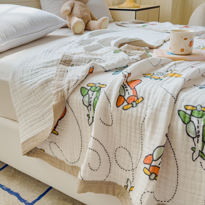 91家纺网 家纺一手货源 找家纺 乐家毛巾被（工厂自产自销） 2026新款全棉纯棉六层一体超柔泡泡纱多功能毯 卡通飞机