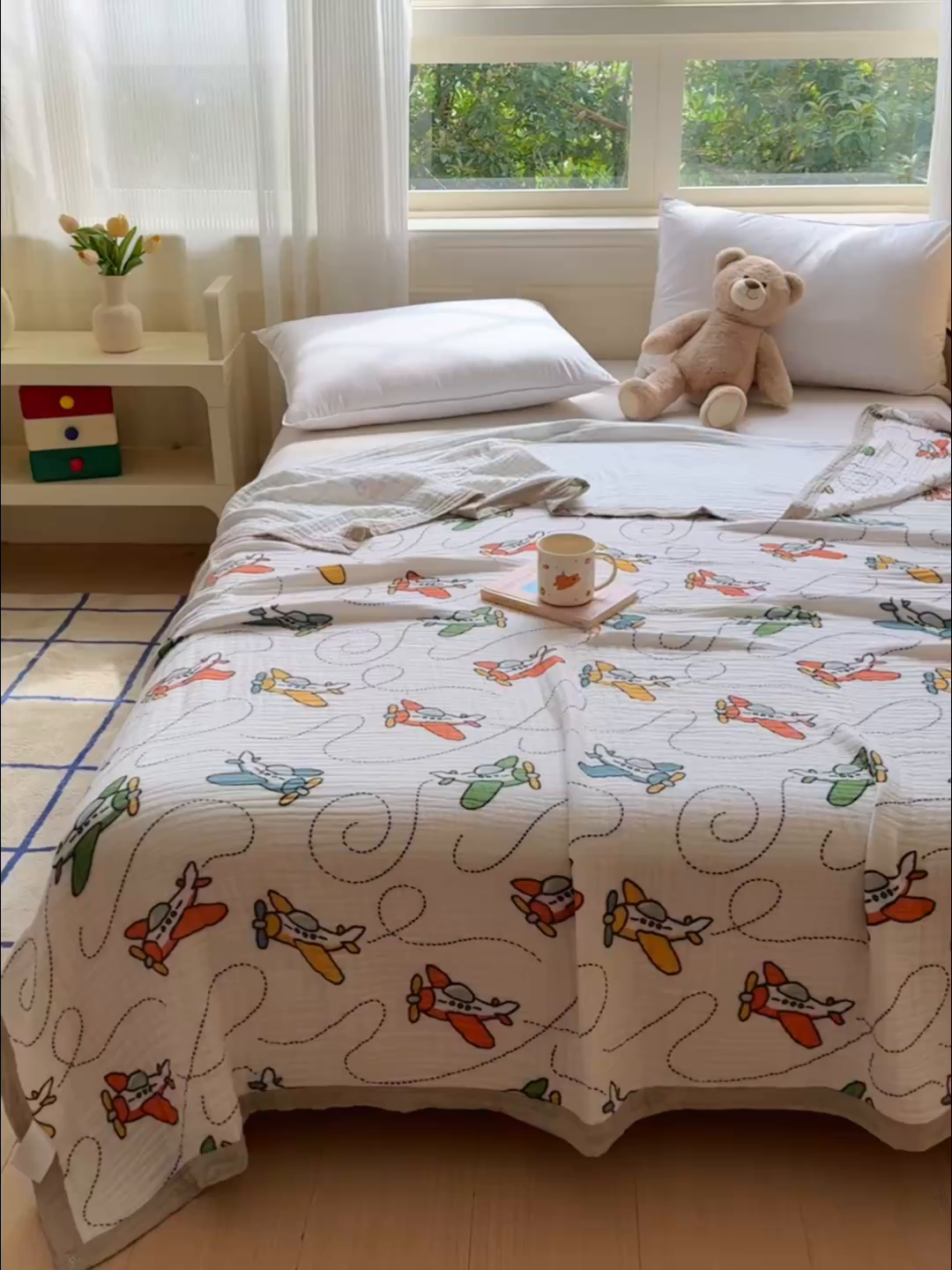 91家纺网 家纺一手货源 找家纺 乐家毛巾被（工厂自产自销） 2026新款全棉纯棉六层一体超柔泡泡纱多功能毯 卡通飞机