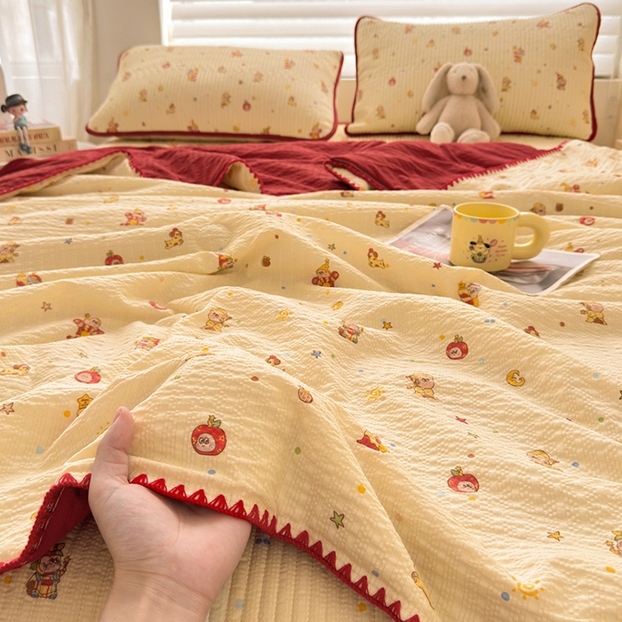 梵朴 2026新款A类泡芙双层纱贝壳边床盖夏被四件套三角针夏凉被空调被 星星玩偶黄