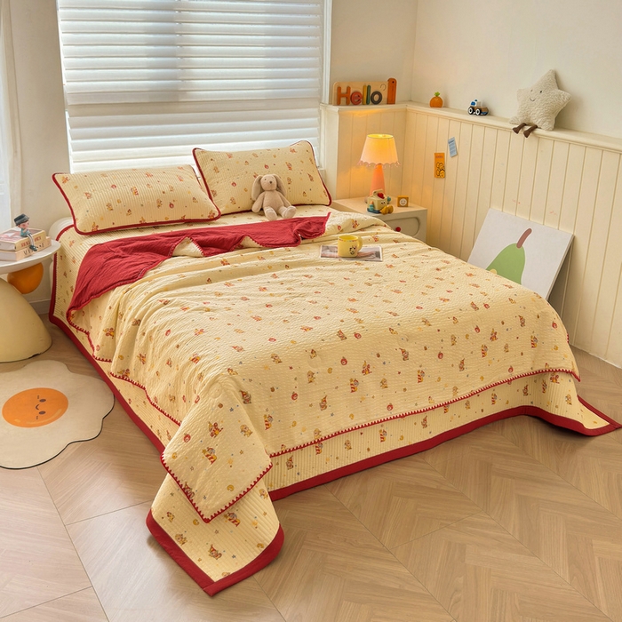 91家纺网 家纺一手货源 找家纺 梵朴 2026新款A类泡芙双层纱贝壳边床盖夏被四件套三角针夏凉被空调被 星星玩偶黄