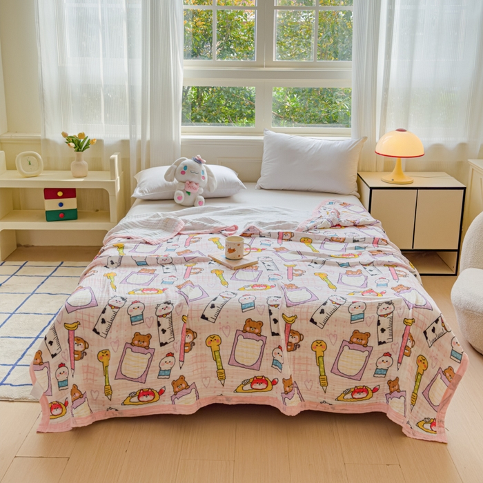 91家纺网 家纺一手货源 找家纺 乐家毛巾被（工厂自产自销） 2026新款全棉纯棉六层一体超柔泡泡纱多功能毯 卡通工具