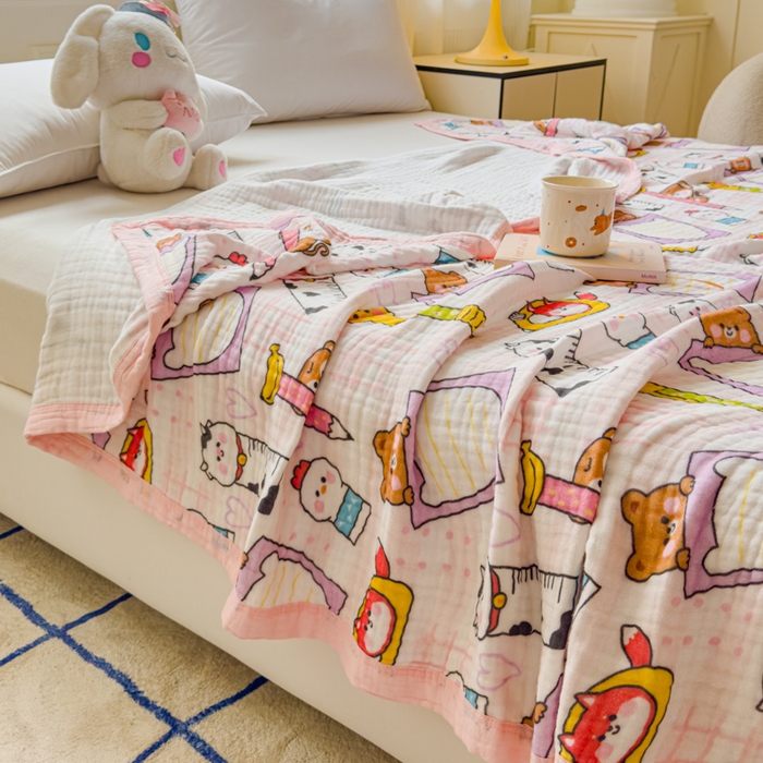 91家纺网 家纺一手货源 找家纺 乐家毛巾被（工厂自产自销） 2026新款全棉纯棉六层一体超柔泡泡纱多功能毯 卡通工具