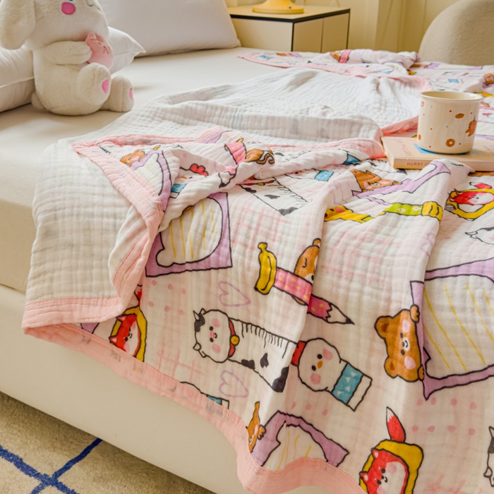 91家纺网 家纺一手货源 找家纺 乐家毛巾被（工厂自产自销） 2026新款全棉纯棉六层一体超柔泡泡纱多功能毯 卡通工具