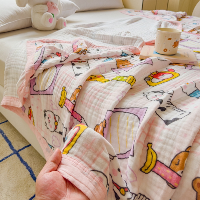 91家纺网 家纺一手货源 找家纺 乐家毛巾被（工厂自产自销） 2026新款全棉纯棉六层一体超柔泡泡纱多功能毯 卡通工具