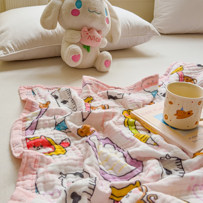 91家纺网 家纺一手货源 找家纺 乐家毛巾被（工厂自产自销） 2026新款全棉纯棉六层一体超柔泡泡纱多功能毯 卡通工具