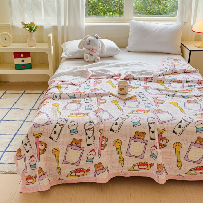 91家纺网 家纺一手货源 找家纺 乐家毛巾被（工厂自产自销） 2026新款全棉纯棉六层一体超柔泡泡纱多功能毯 卡通工具