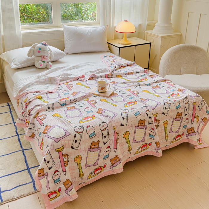 91家纺网 家纺一手货源 找家纺 乐家毛巾被（工厂自产自销） 2026新款全棉纯棉六层一体超柔泡泡纱多功能毯 卡通工具