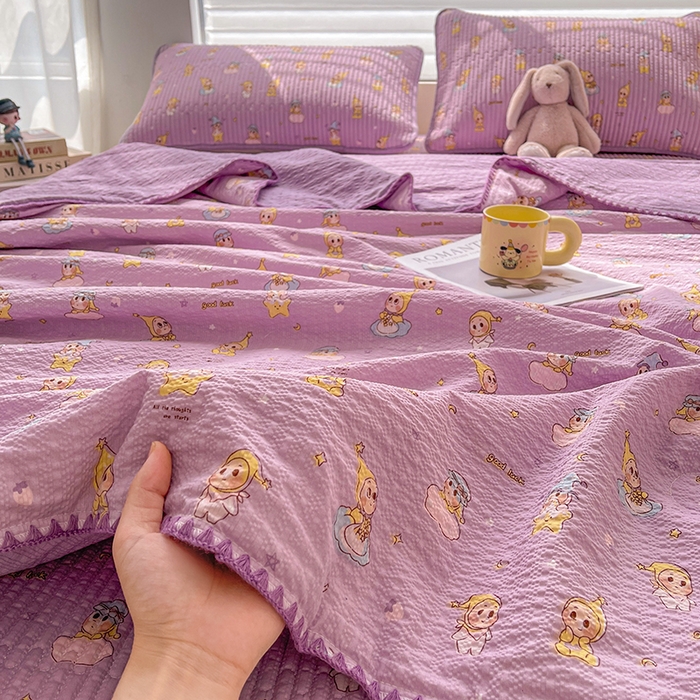 梵朴 2026新款A类泡芙双层纱贝壳边床盖夏被四件套三角针夏凉被空调被 星星玩偶紫