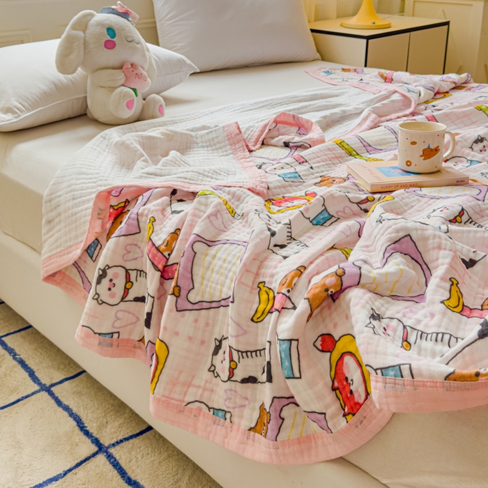 91家纺网 家纺一手货源 找家纺 乐家毛巾被（工厂自产自销） 2026新款全棉纯棉六层一体超柔泡泡纱多功能毯 卡通工具