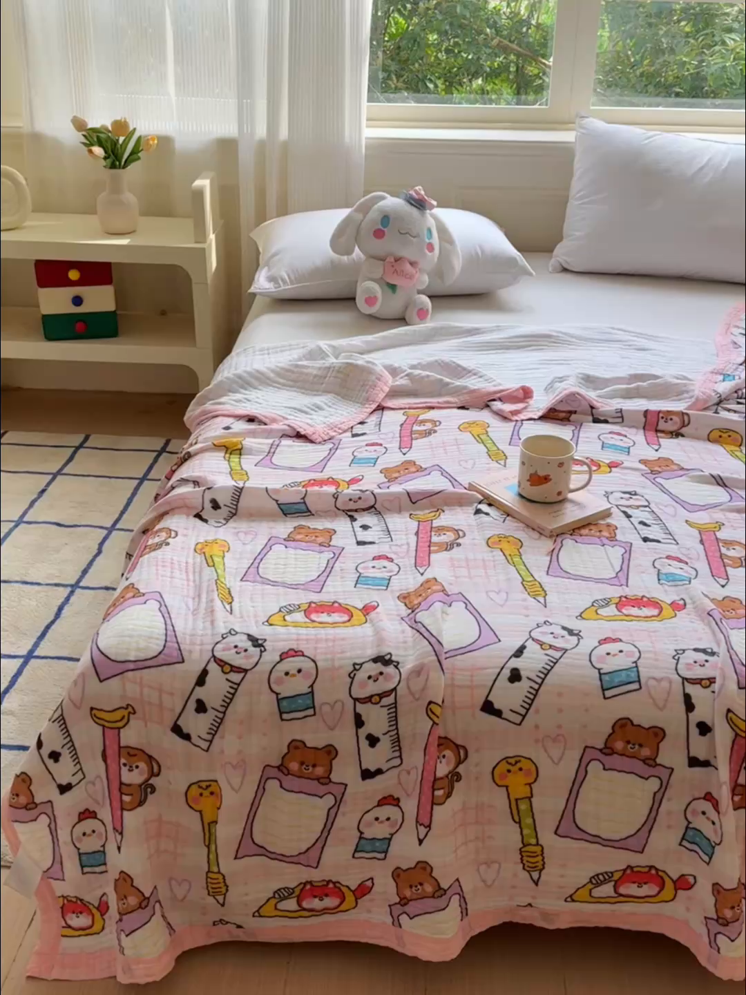 91家纺网 家纺一手货源 找家纺 乐家毛巾被（工厂自产自销） 2026新款全棉纯棉六层一体超柔泡泡纱多功能毯 卡通工具
