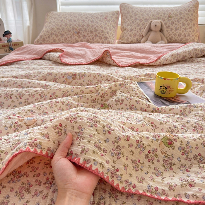 梵朴 2026新款A类泡芙双层纱贝壳边床盖夏被四件套三角针夏凉被空调被 紫花免