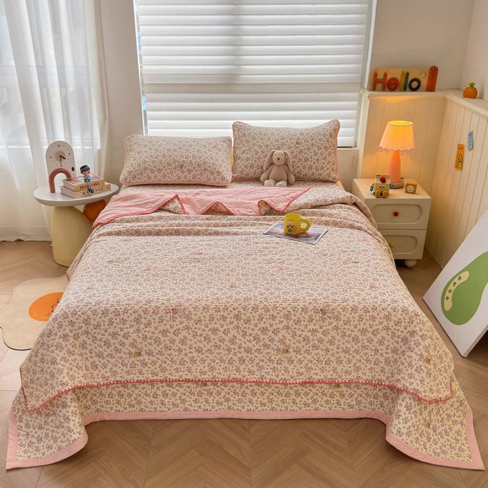 91家纺网 家纺一手货源 找家纺 梵朴 2026新款A类泡芙双层纱贝壳边床盖夏被四件套三角针夏凉被空调被 紫花免