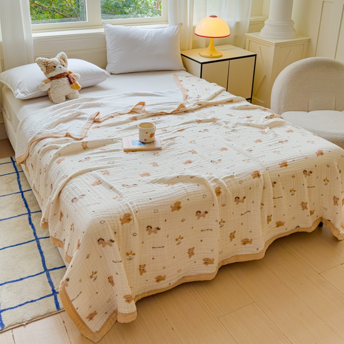 91家纺网 家纺一手货源 找家纺 乐家毛巾被（工厂自产自销） 2026新款全棉纯棉六层一体超柔泡泡纱多功能毯 泰迪小马