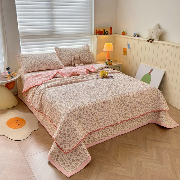 91家纺网 家纺一手货源 找家纺 梵朴 2026新款A类泡芙双层纱贝壳边床盖夏被四件套三角针夏凉被空调被 紫花免