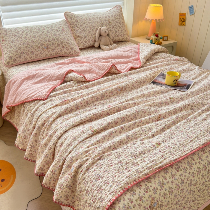 91家纺网 家纺一手货源 找家纺 梵朴 2026新款A类泡芙双层纱贝壳边床盖夏被四件套三角针夏凉被空调被 紫花免