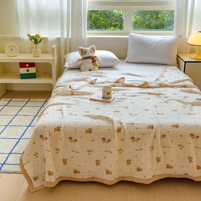 91家纺网 家纺一手货源 找家纺 乐家毛巾被（工厂自产自销） 2026新款全棉纯棉六层一体超柔泡泡纱多功能毯 泰迪小马