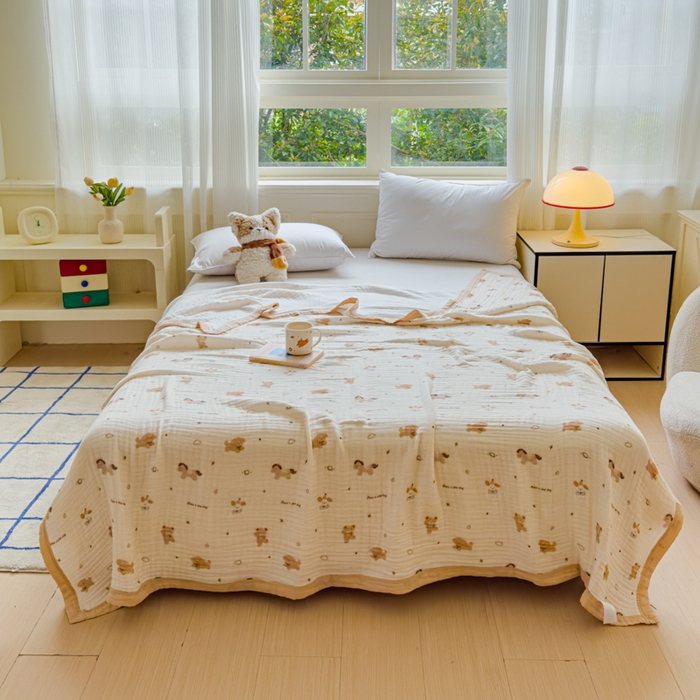 91家纺网 家纺一手货源 找家纺 乐家毛巾被（工厂自产自销） 2026新款全棉纯棉六层一体超柔泡泡纱多功能毯 泰迪小马