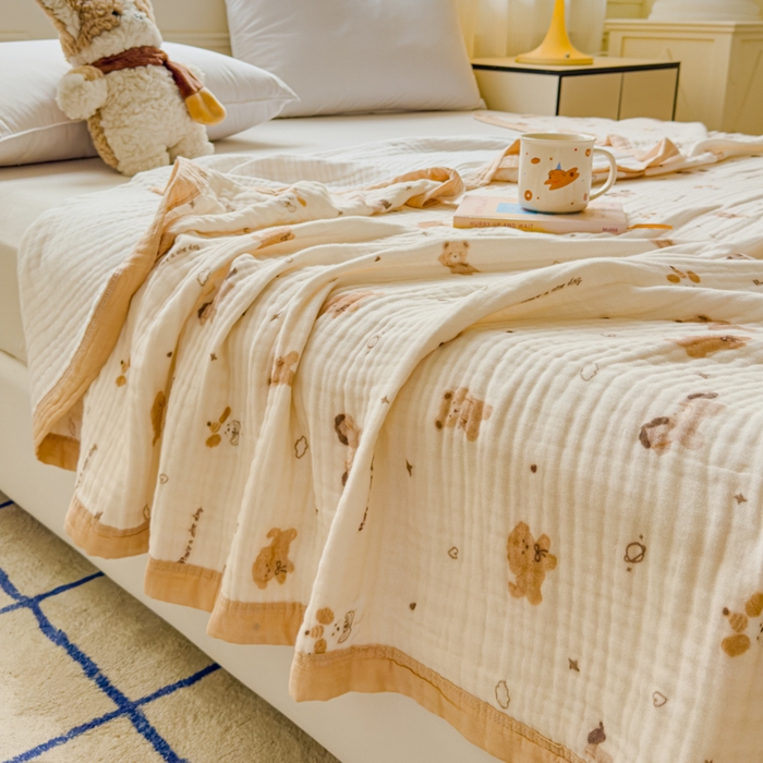 91家纺网 家纺一手货源 找家纺 乐家毛巾被（工厂自产自销） 2026新款全棉纯棉六层一体超柔泡泡纱多功能毯 泰迪小马