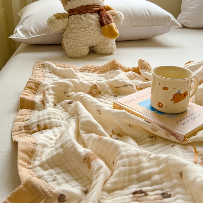 91家纺网 家纺一手货源 找家纺 乐家毛巾被（工厂自产自销） 2026新款全棉纯棉六层一体超柔泡泡纱多功能毯 泰迪小马