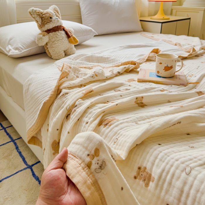 91家纺网 家纺一手货源 找家纺 乐家毛巾被（工厂自产自销） 2026新款全棉纯棉六层一体超柔泡泡纱多功能毯 泰迪小马