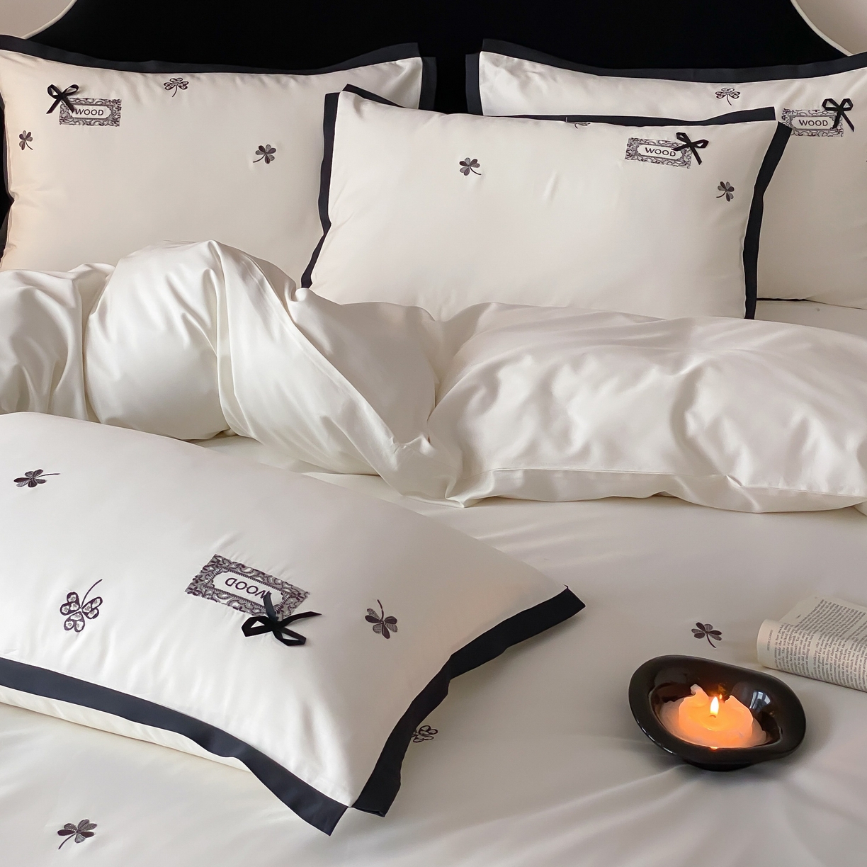 91家纺网 家纺一手货源 找家纺 佳汐蓝家纺 2026新款50S全棉纯棉轻奢工艺款精致刺绣四件套-幸运草系列 幸运草-云母白