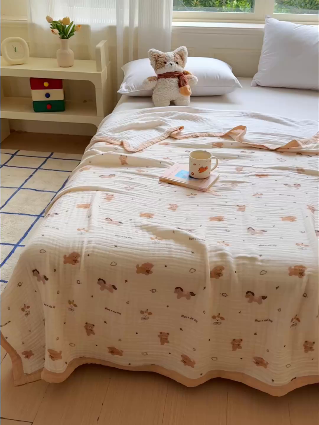 91家纺网 家纺一手货源 找家纺 乐家毛巾被（工厂自产自销） 2026新款全棉纯棉六层一体超柔泡泡纱多功能毯 泰迪小马