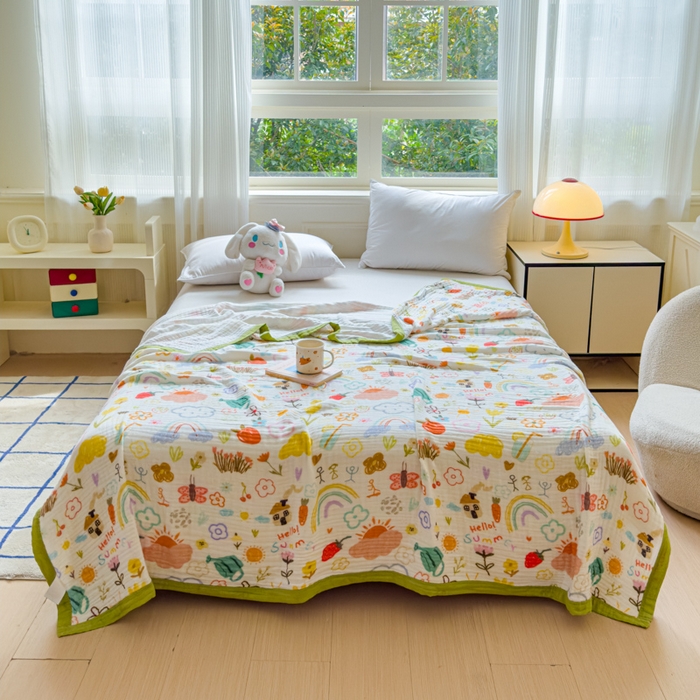 91家纺网 家纺一手货源 找家纺 乐家毛巾被（工厂自产自销） 2026新款全棉纯棉六层一体超柔泡泡纱多功能毯 涂鸦